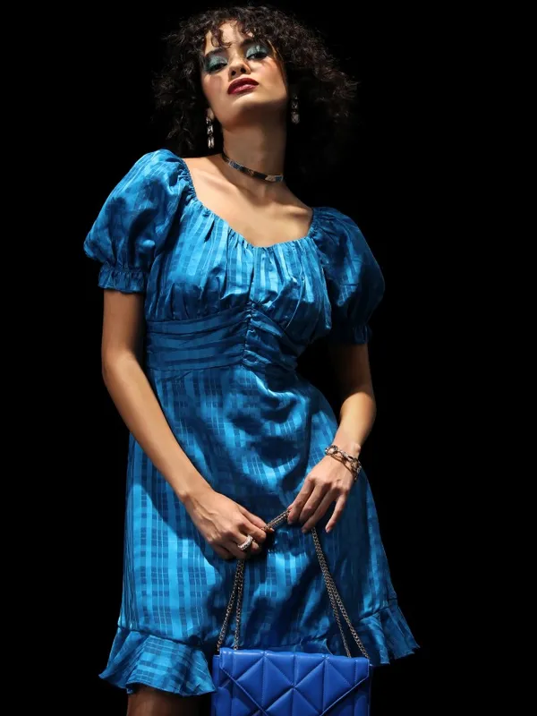 Tokyo Talkies Women Blue Checked Fit And Flare Dress