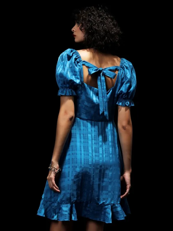 Tokyo Talkies Women Blue Checked Fit And Flare Dress