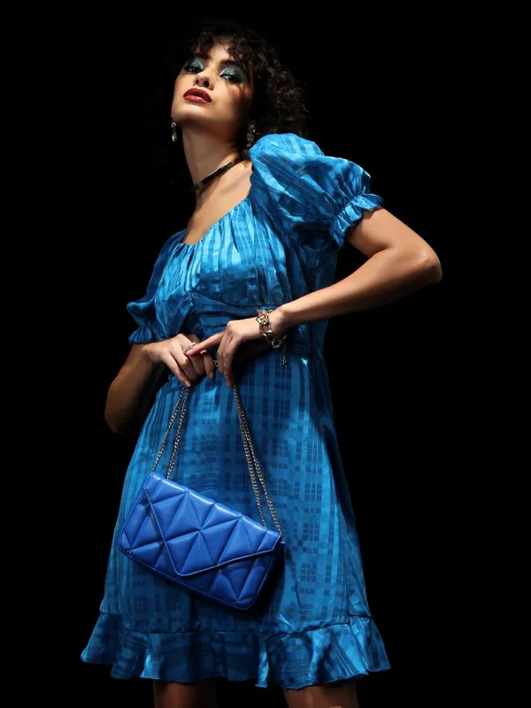 Tokyo Talkies Women Blue Checked Fit And Flare Dress