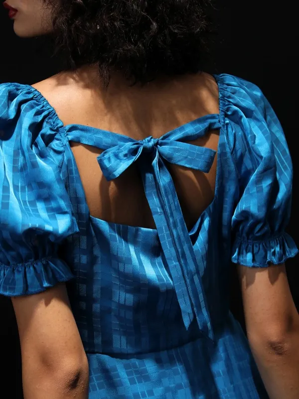 Tokyo Talkies Women Blue Checked Fit And Flare Dress