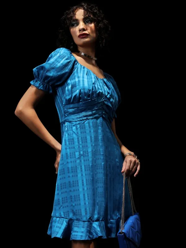 Tokyo Talkies Women Blue Checked Fit And Flare Dress