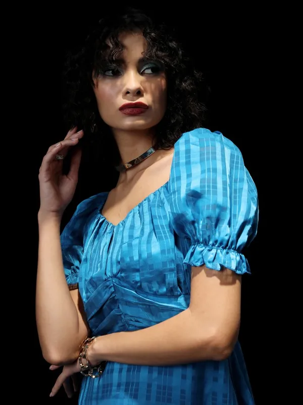 Tokyo Talkies Women Blue Checked Fit And Flare Dress