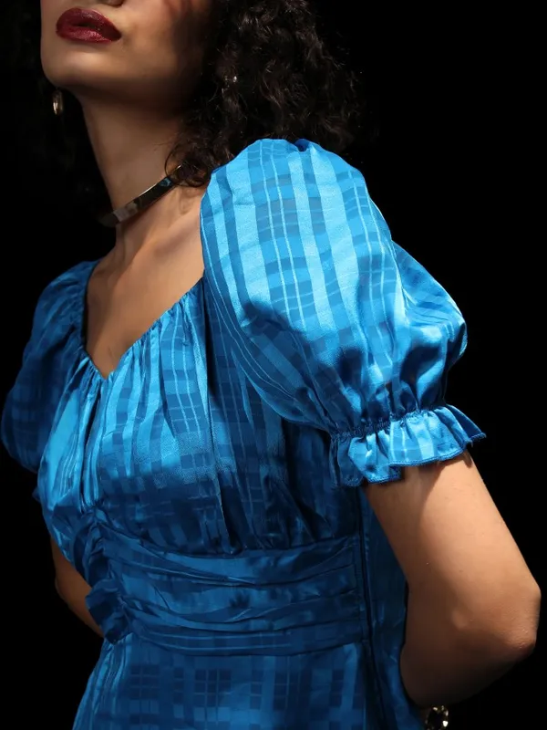 Tokyo Talkies Women Blue Checked Fit And Flare Dress