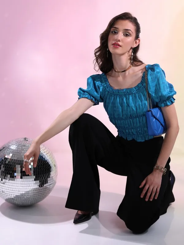 Tokyo Talkies Women Blue Solid Regular Top