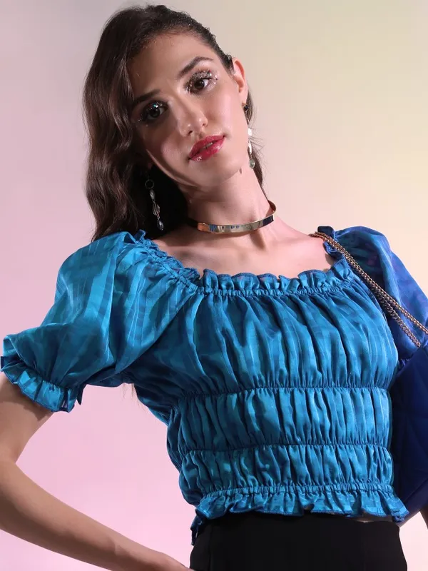 Tokyo Talkies Women Blue Solid Regular Top