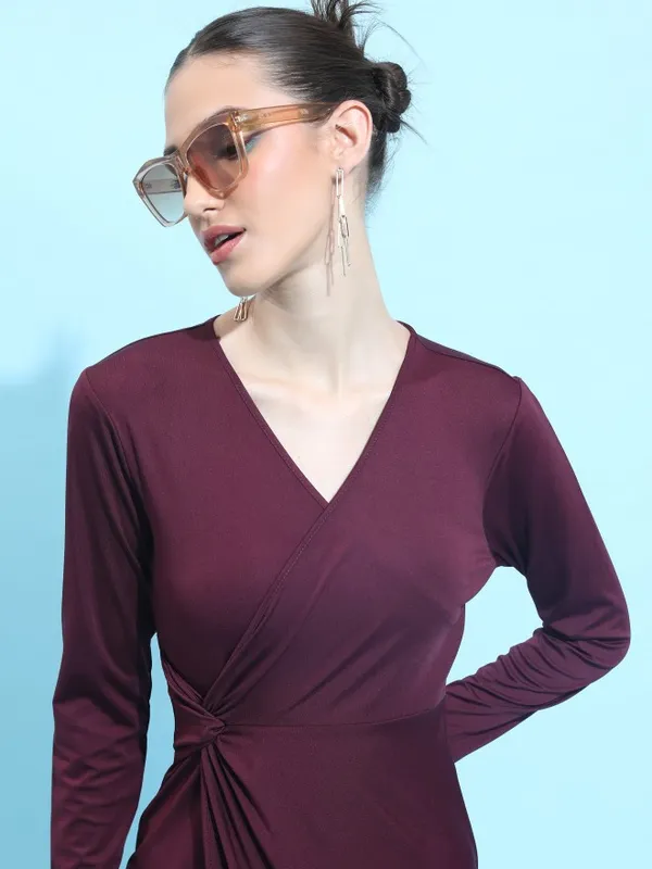  Ketch Women Burgundy Solid Wrap Dresses