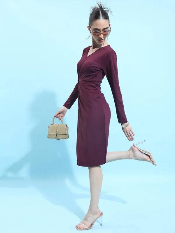  Ketch Women Burgundy Solid Wrap Dresses
