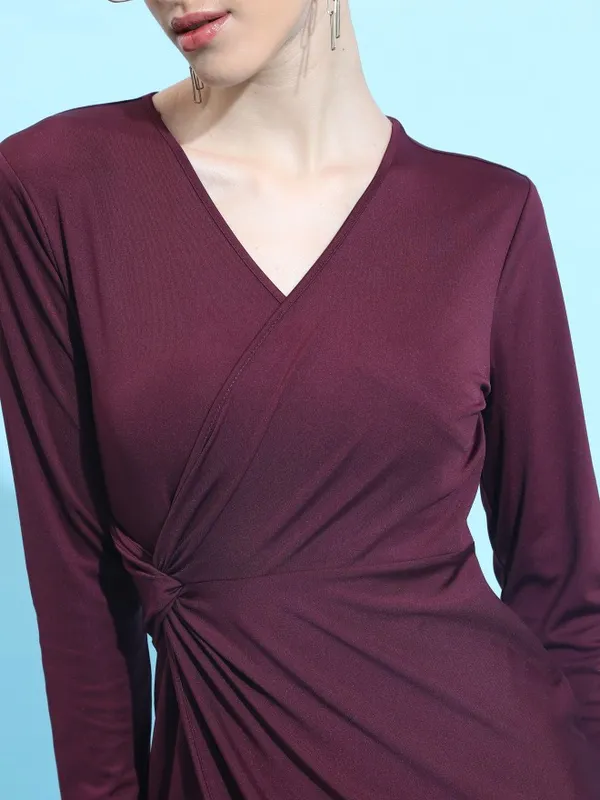  Ketch Women Burgundy Solid Wrap Dresses