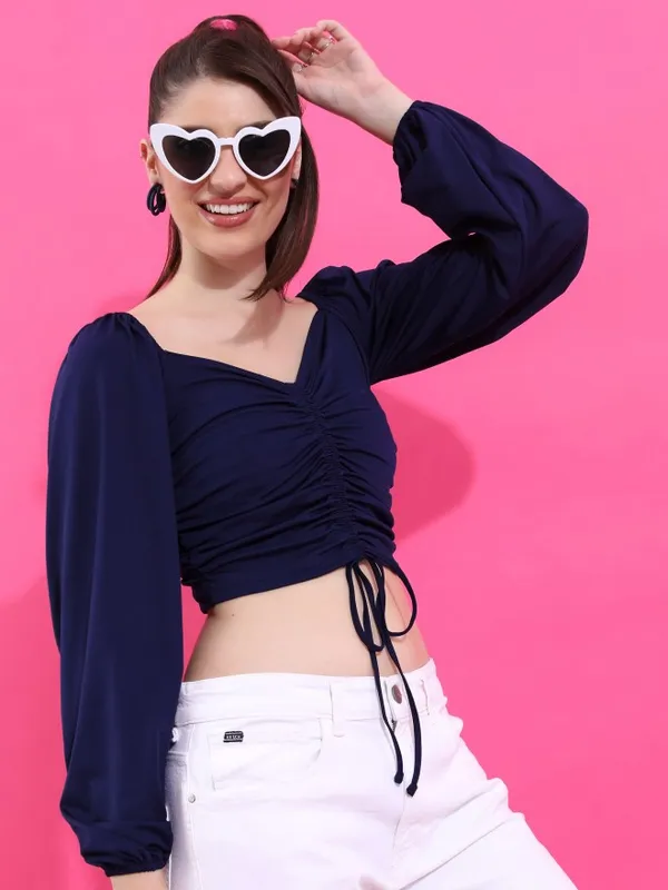  Ketch Women Navy Blue Solid Fitted Tops