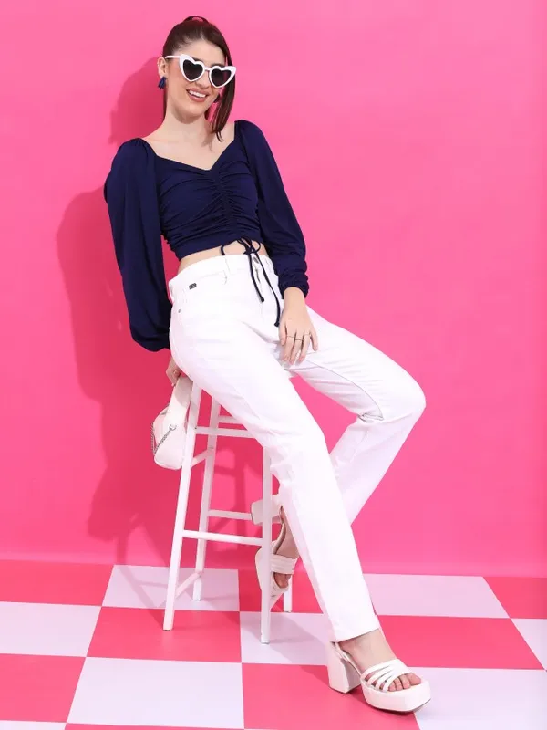  Ketch Women Navy Blue Solid Fitted Tops