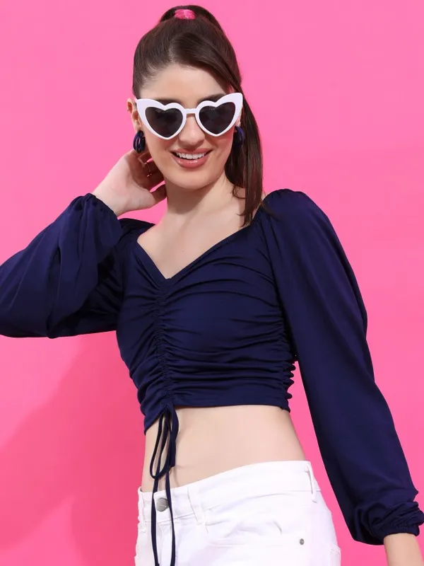  Ketch Women Navy Blue Solid Fitted Tops