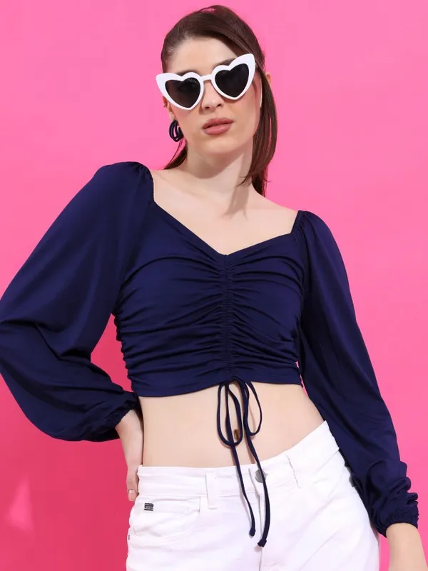  Ketch Women Navy Blue Solid Fitted Tops