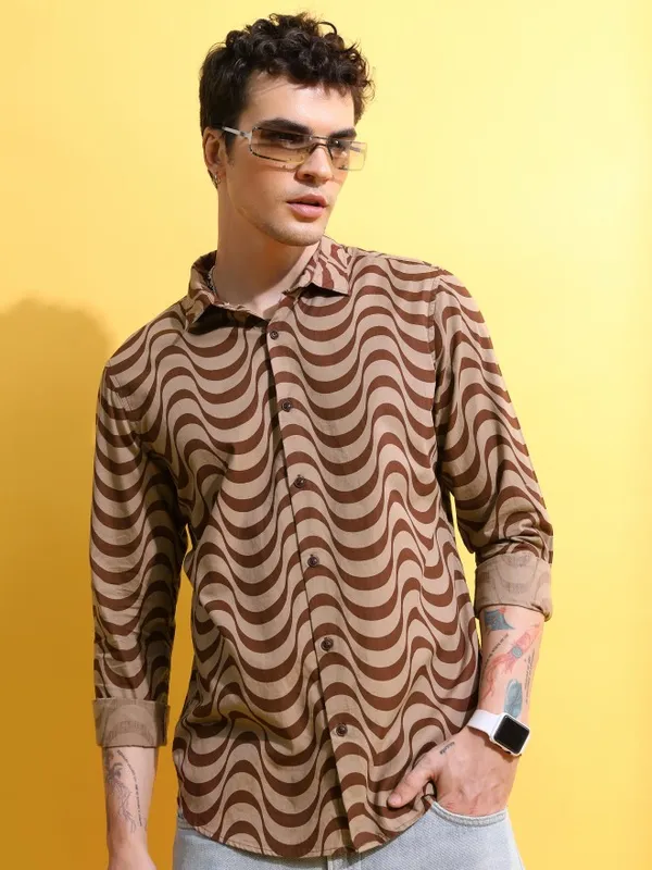  Highlander Men Terracotta Printed Slim Fit Casual Shirts