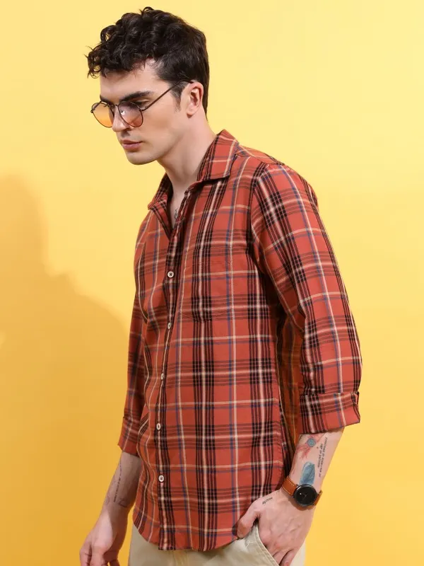  Highlander Men Terracotta Checked Slim Fit Casual Shirts