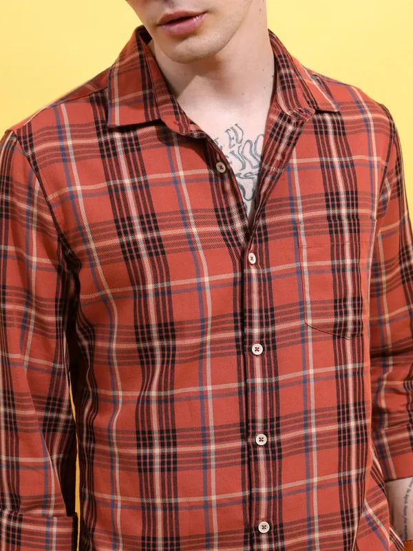  Highlander Men Terracotta Checked Slim Fit Casual Shirts