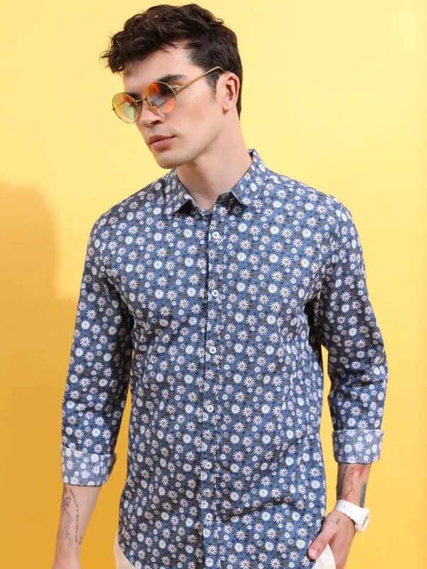  Ketch Men Blue Printed Slim Fit Casual Shirts
