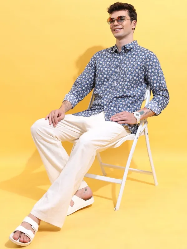  Ketch Men Blue Printed Slim Fit Casual Shirts