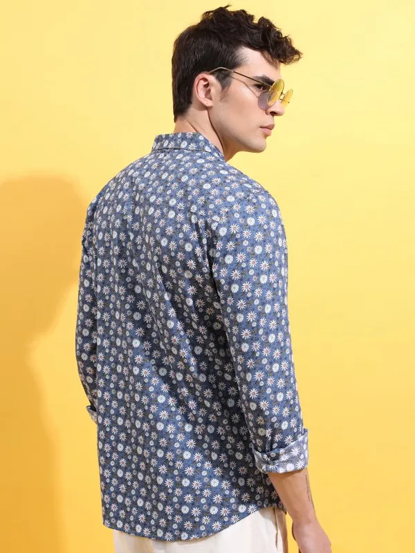  Ketch Men Blue Printed Slim Fit Casual Shirts
