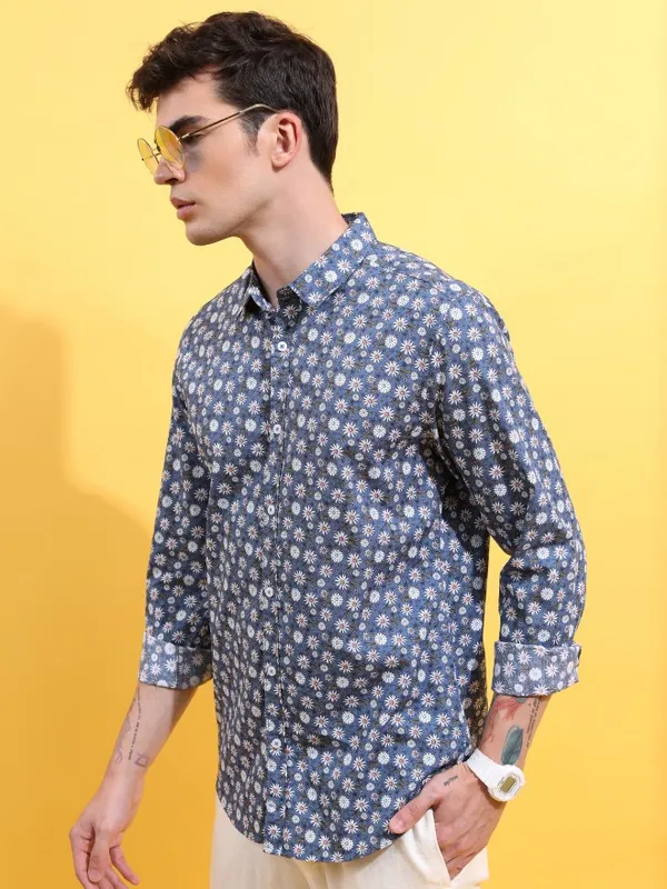  Ketch Men Blue Printed Slim Fit Casual Shirts