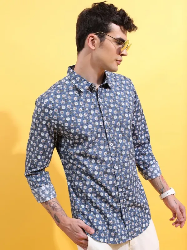  Ketch Men Blue Printed Slim Fit Casual Shirts