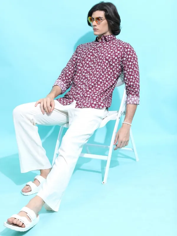 Ketch Men Purple Printed Slim Fit Casual Shirt