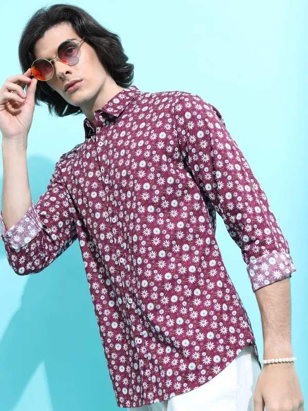 Ketch Men Purple Printed Slim Fit Casual Shirt