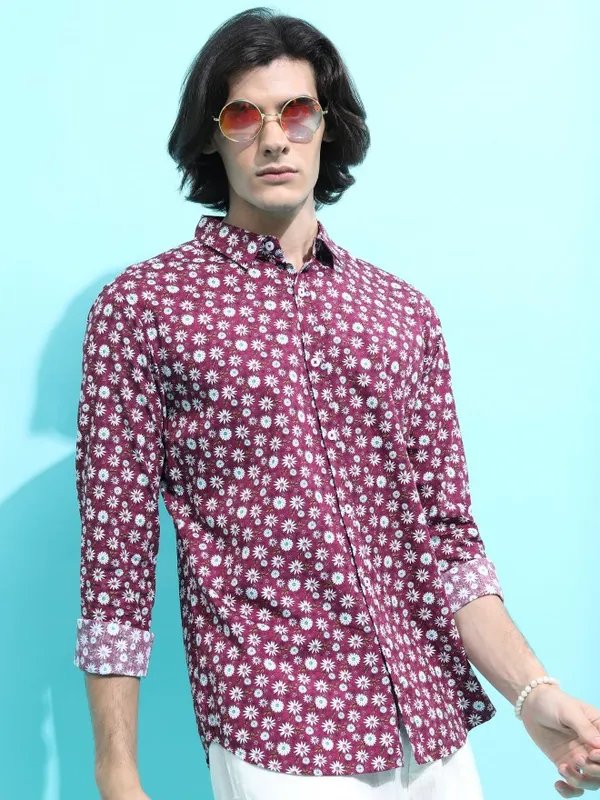 Ketch Men Purple Printed Slim Fit Casual Shirt