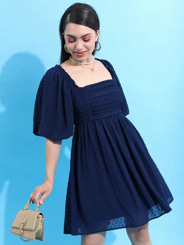  Tokyo Talkies Women Navy Blue Self Design Fit And Flare Dresses