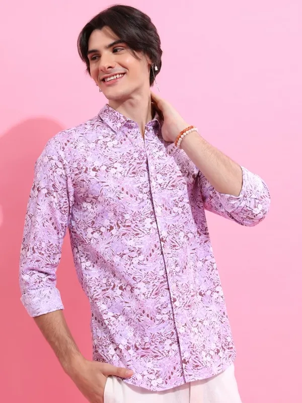  Highlander Men Lavender Printed Slim Fit Casual Shirts