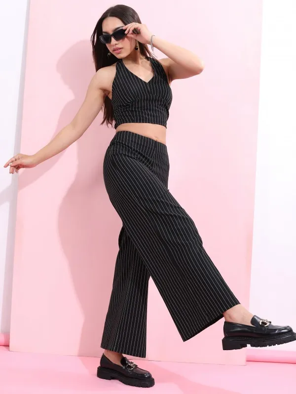 Tokyo Talkies Women Black Crop Top With Flared Trouser Co-Ords
