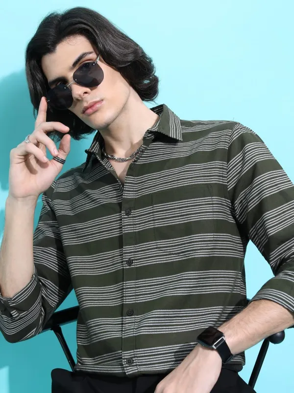  Ketch Men Olive Striped Slim Fit Casual Shirts