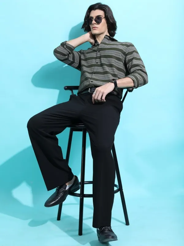  Ketch Men Olive Striped Slim Fit Casual Shirts