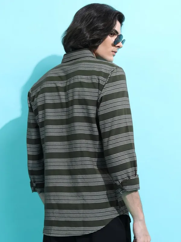  Ketch Men Olive Striped Slim Fit Casual Shirts
