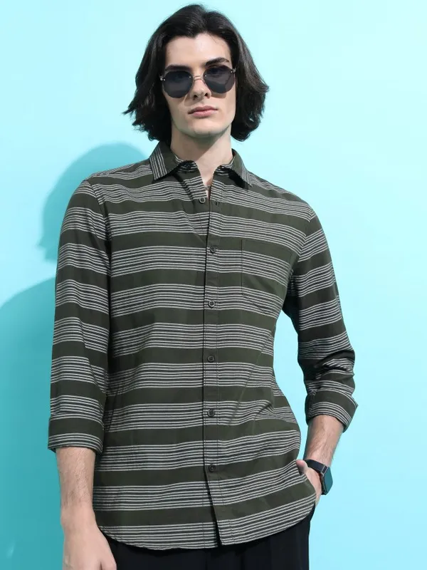  Ketch Men Olive Striped Slim Fit Casual Shirts