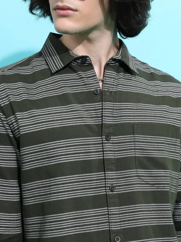  Ketch Men Olive Striped Slim Fit Casual Shirts