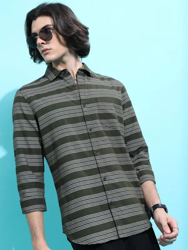  Ketch Men Olive Striped Slim Fit Casual Shirts