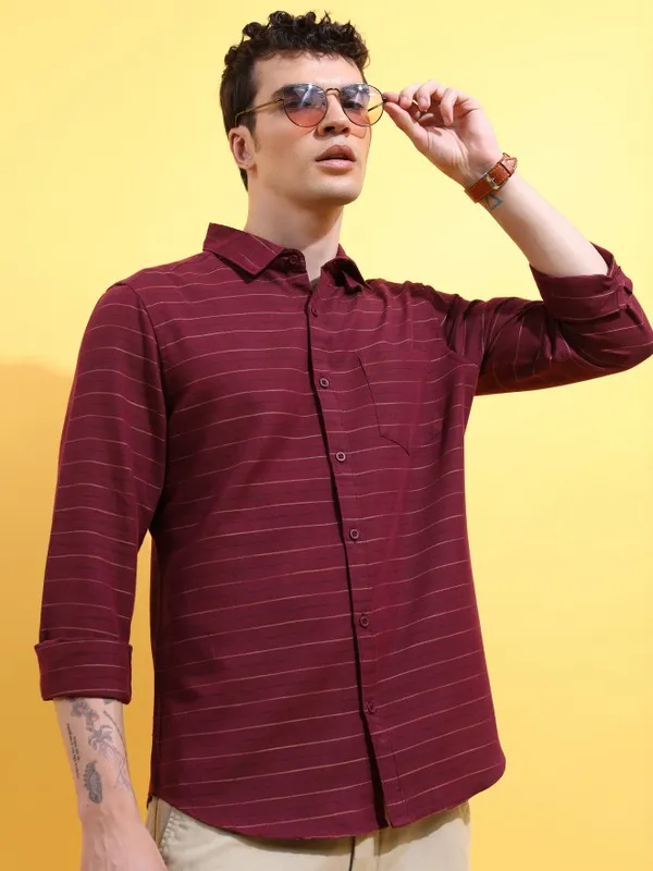  Ketch Men Burgundy Striped Slim Fit Casual Shirts