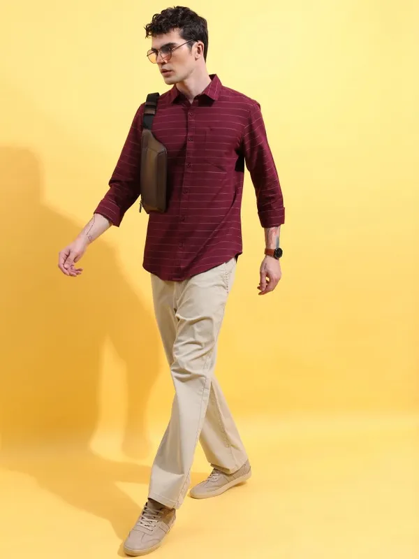  Ketch Men Burgundy Striped Slim Fit Casual Shirts