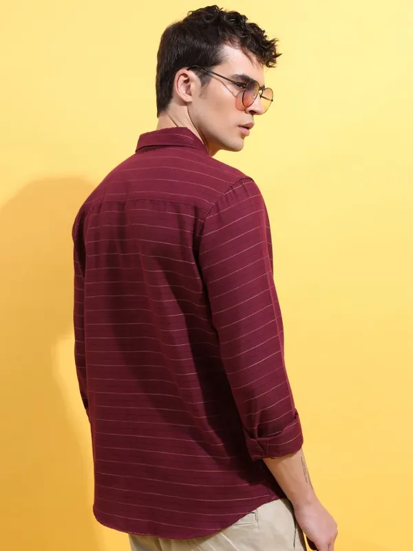  Ketch Men Burgundy Striped Slim Fit Casual Shirts