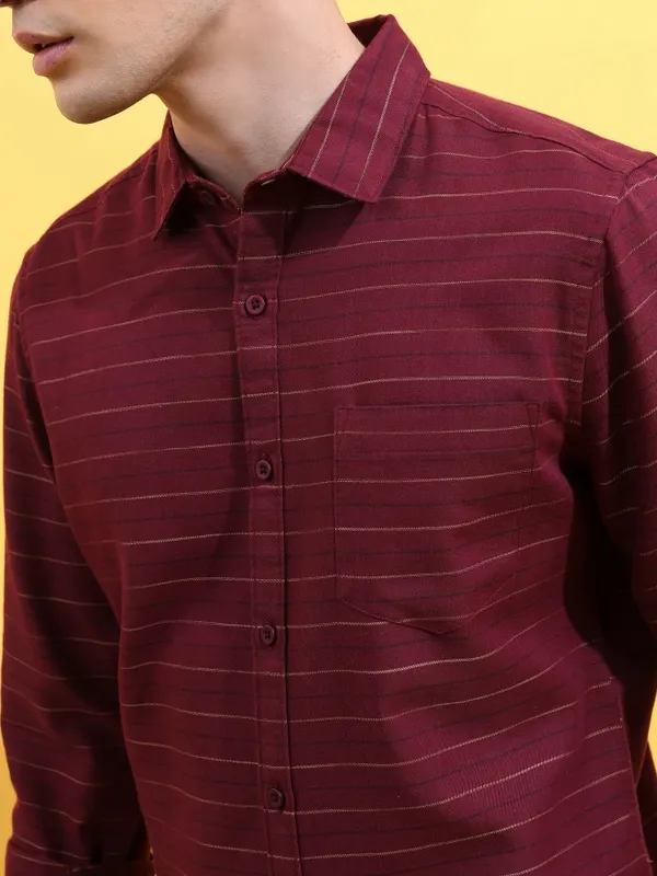  Ketch Men Burgundy Striped Slim Fit Casual Shirts