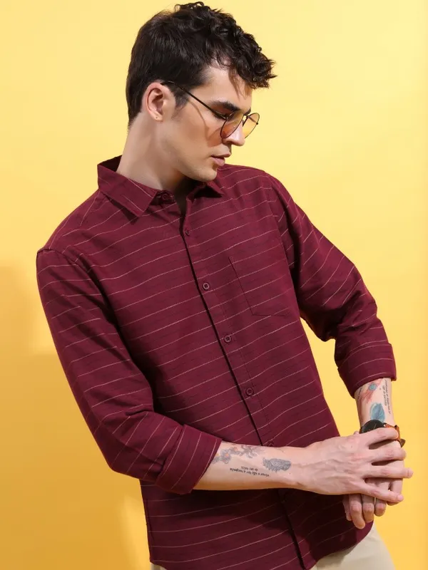  Ketch Men Burgundy Striped Slim Fit Casual Shirts