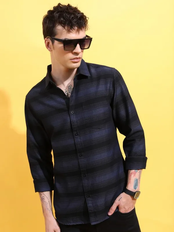  Ketch Men Black Striped Slim Fit Casual Shirts
