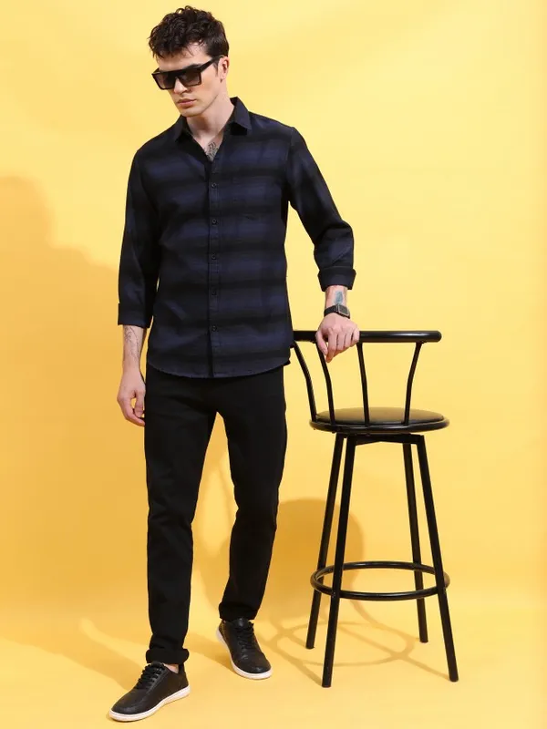  Ketch Men Black Striped Slim Fit Casual Shirts