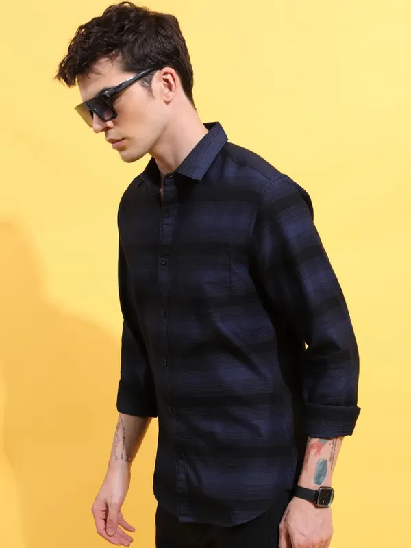  Ketch Men Black Striped Slim Fit Casual Shirts