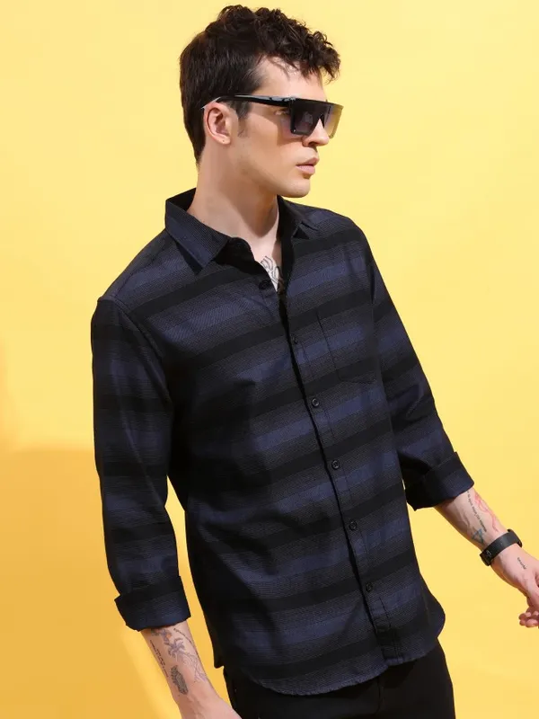  Ketch Men Black Striped Slim Fit Casual Shirts