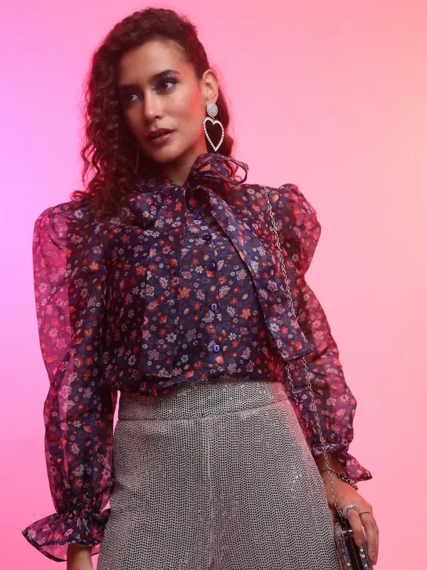 Tokyo Talkies Women Navy Blue Printed Blouson Top