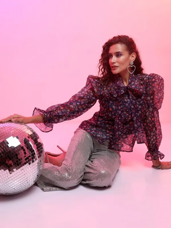 Tokyo Talkies Women Navy Blue Printed Blouson Top