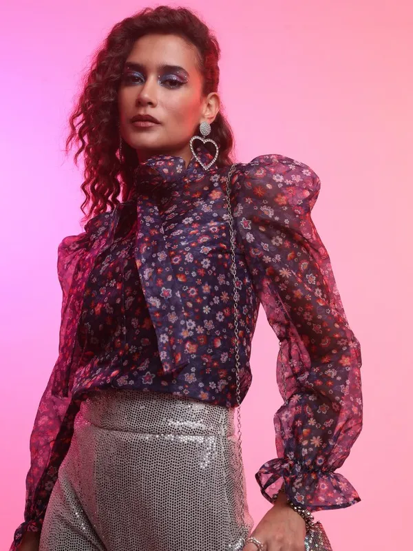 Tokyo Talkies Women Navy Blue Printed Blouson Top