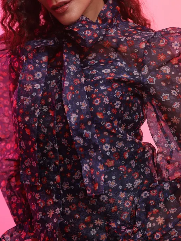 Tokyo Talkies Women Navy Blue Printed Blouson Top