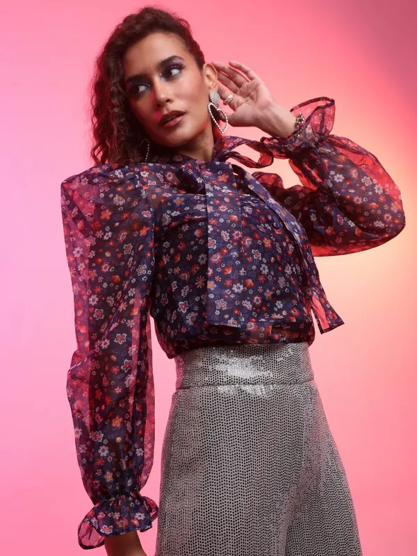 Tokyo Talkies Women Navy Blue Printed Blouson Top